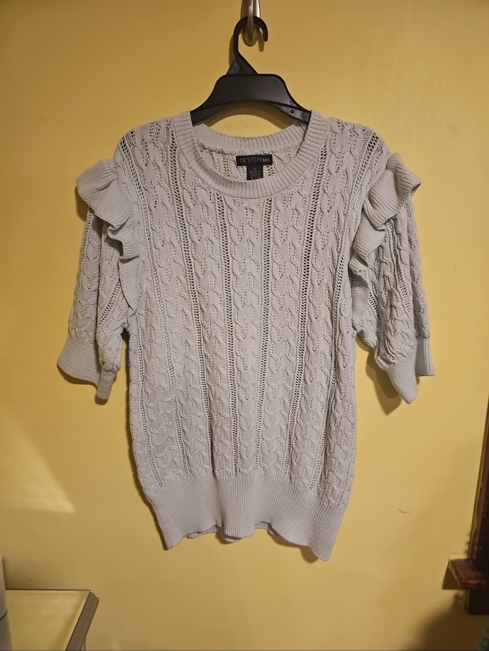 Design 365 Women's Size XL Mint Green Short Sleeves Ruffle Cable Knit Sweater